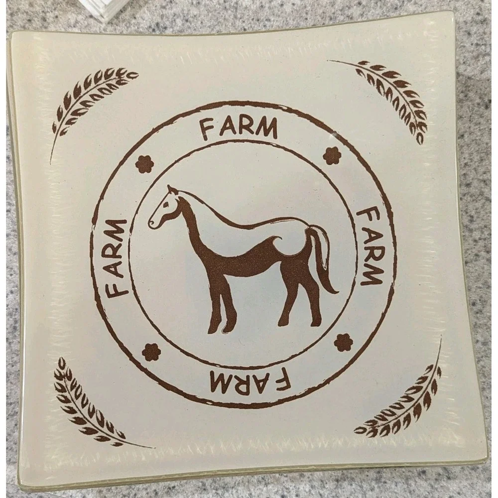 Square Glass Farm Plates Chicken Horse Cow Goose Set of 4 New Handmade In Turkey